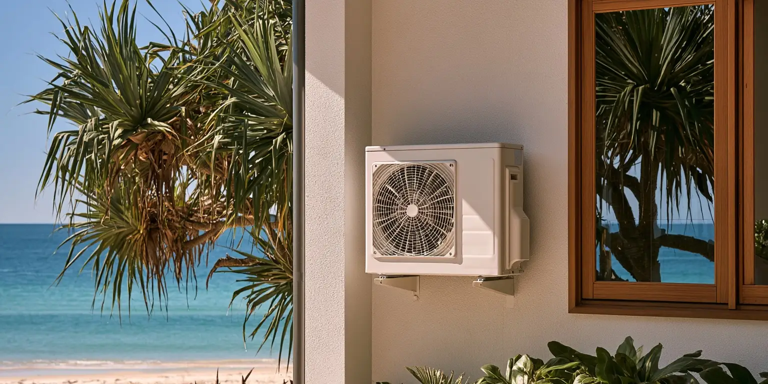 A wall mounted condenser at a coastal Queensland home with the sea visible beyond