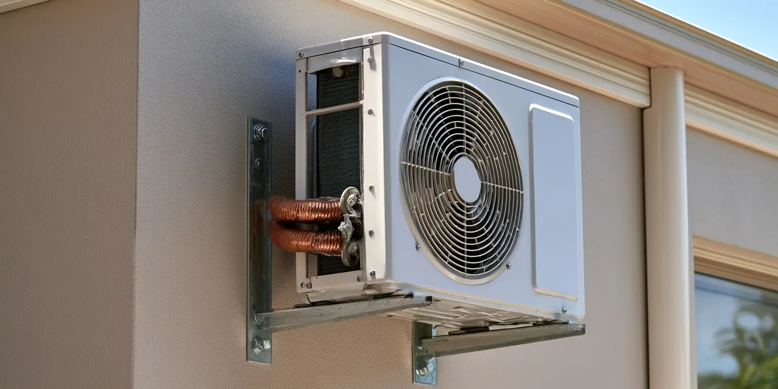A condenser unit carried on galvanised steel brackets bolted through to a rendered wall, fixings visible
