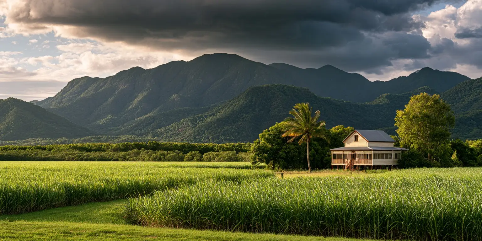 A lone high set farmhouse in cane fields under rain clouds