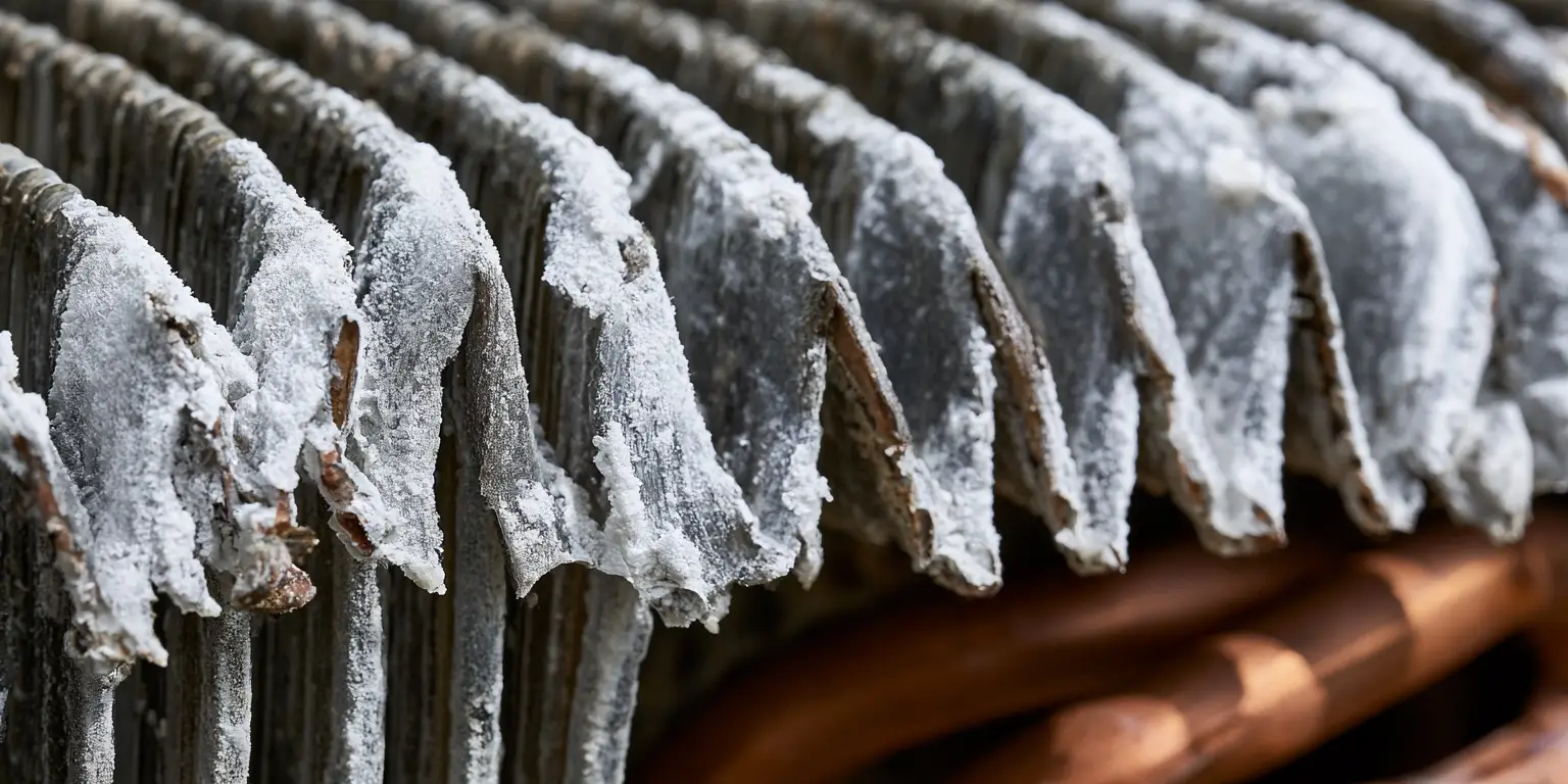 Condenser fins heavily corroded by salt, the aluminium gone powdery and lifting away from the copper tube