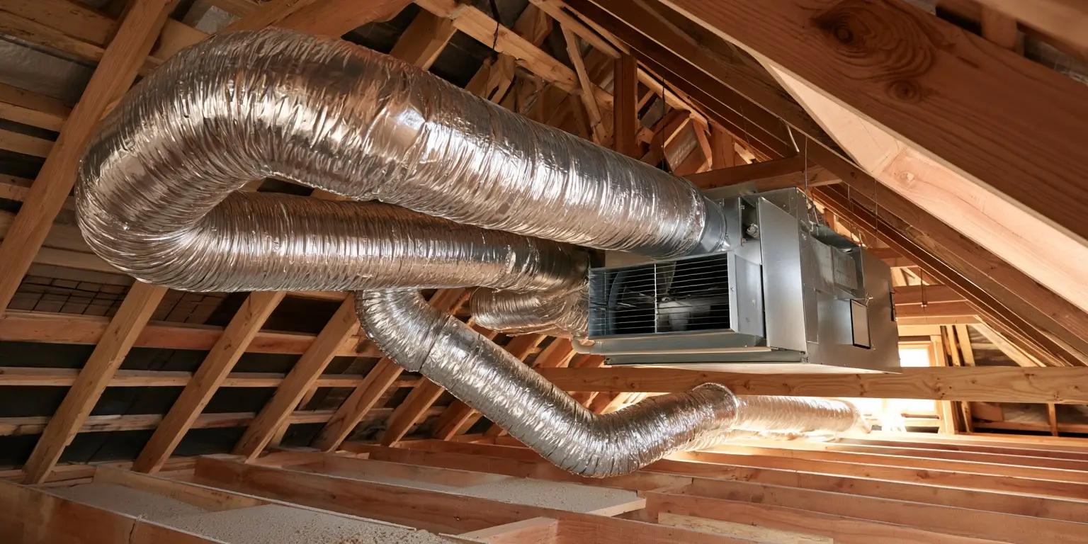 A ducted fan coil unit in a roof space with insulated flexible duct branching away over the ceiling joists