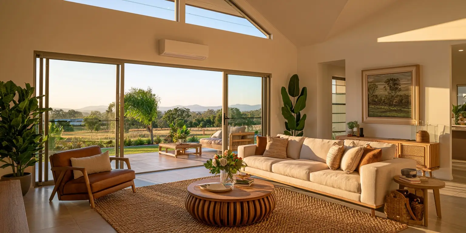 An open plan living area with a raked ceiling and a split system head above the glass