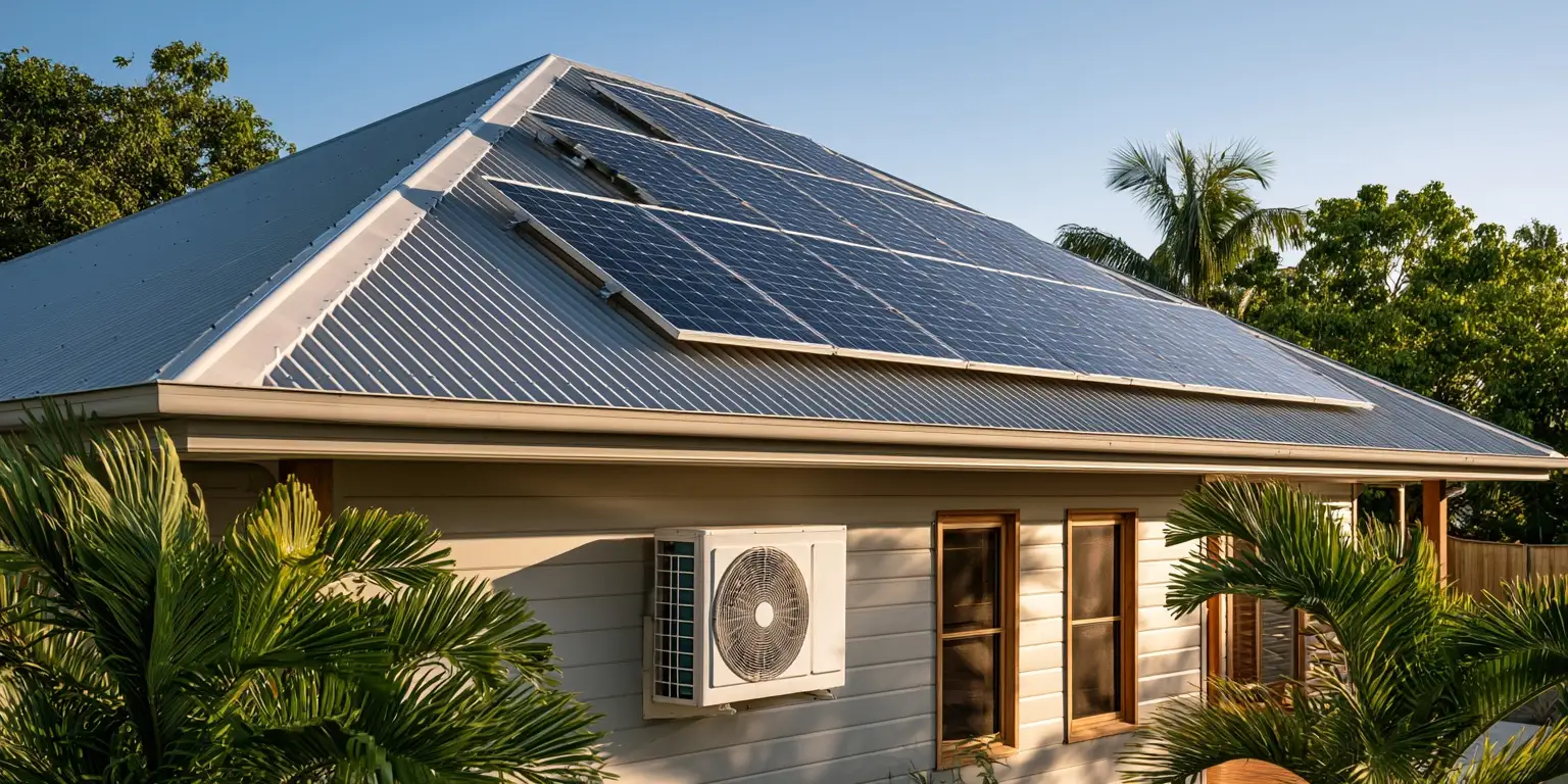 Rooftop solar panels on the corrugated roof of a tropical Queensland house with a condenser unit mounted on the wall below
