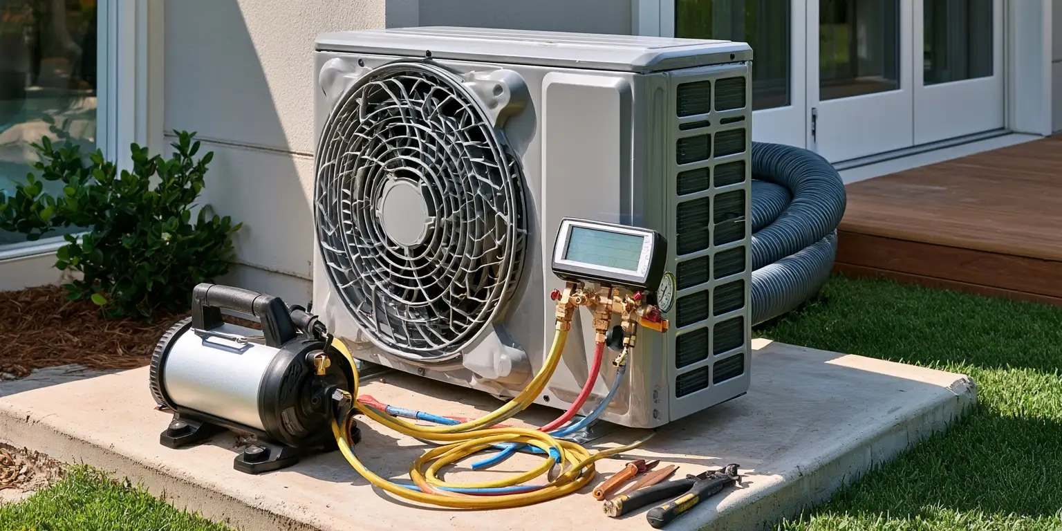 A vacuum pump and manifold gauge set connected to the service valves of a newly installed condenser unit