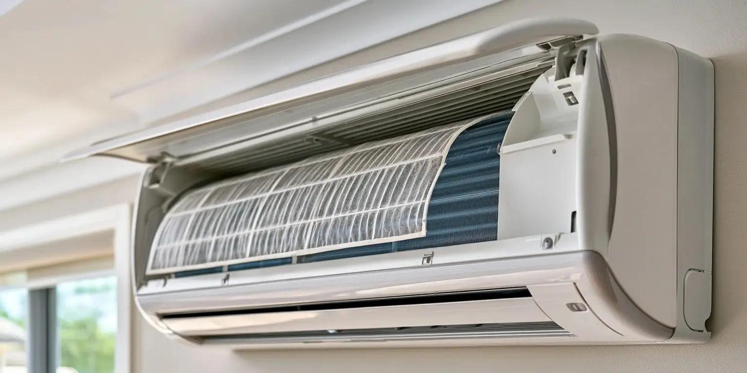 The front cover of a wall-mounted indoor unit lifted to expose the filter and the aluminium fin coil behind it