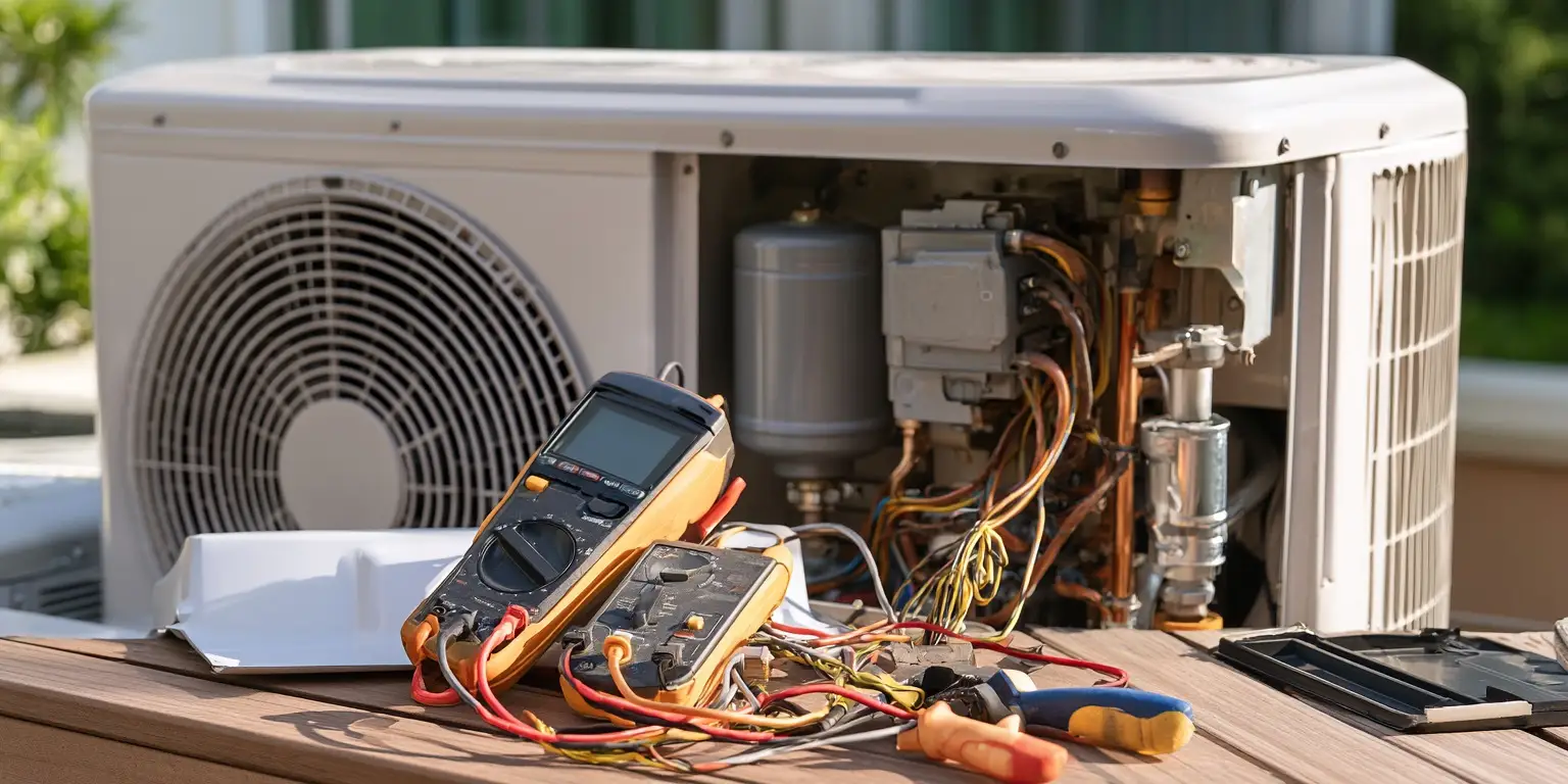 A technician taking pressures on a condenser with manifold gauges