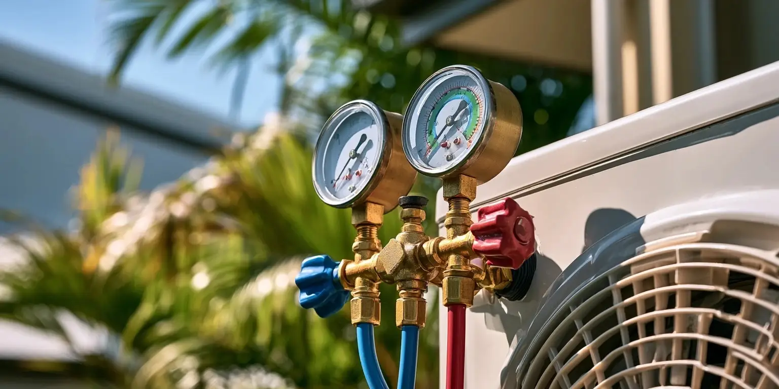 A refrigeration manifold gauge set connected to the service ports of an outdoor condenser