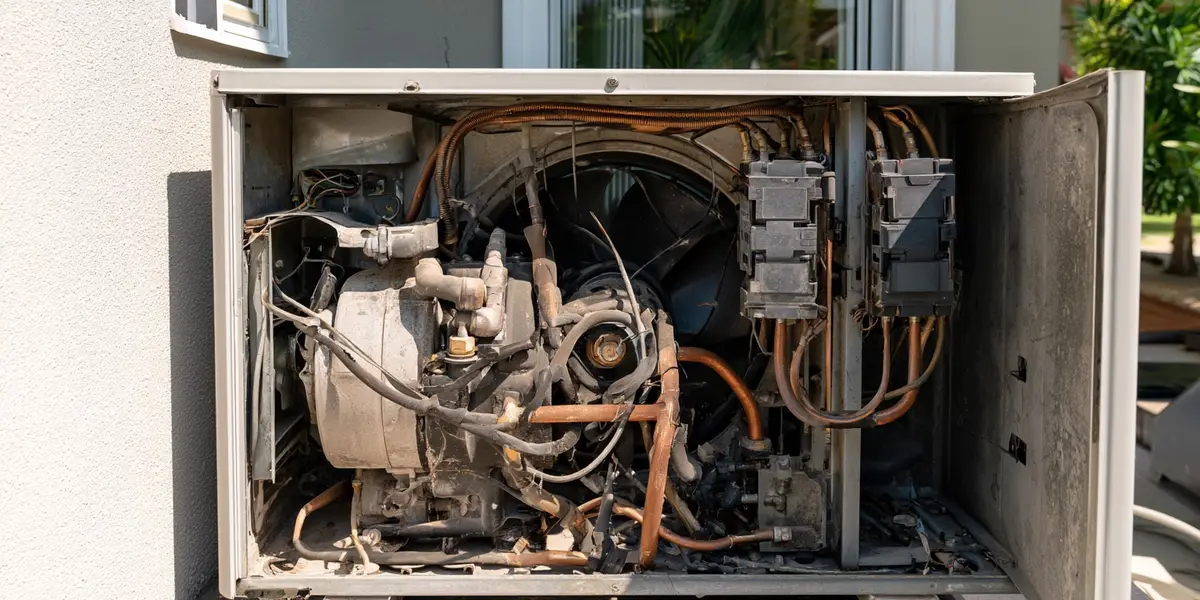 The inside of an older condenser unit with the service panel removed