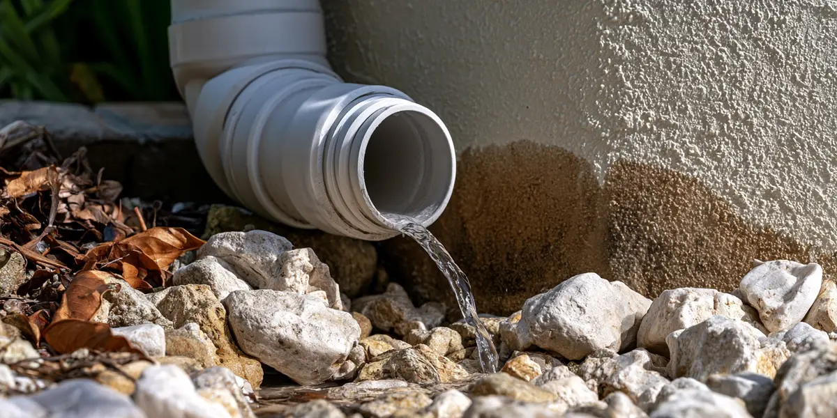 Water discharging from a condensate drain outside a house
