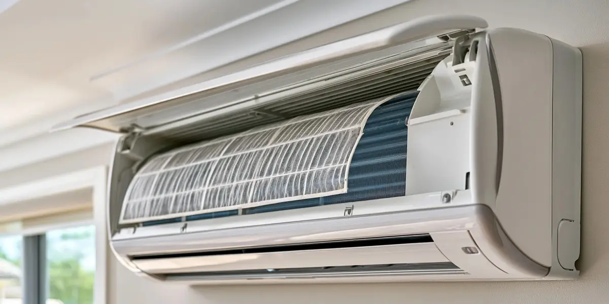 An open indoor unit with the pleated filter partly withdrawn