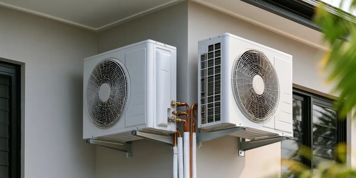 Two condenser units on steel wall brackets with lagged copper line sets